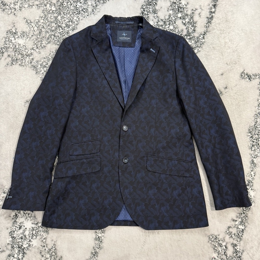 Tailorbyrd Collection 38R Navy Floral Jacquar Sport Coat Blazer 2‎ Button Modern
